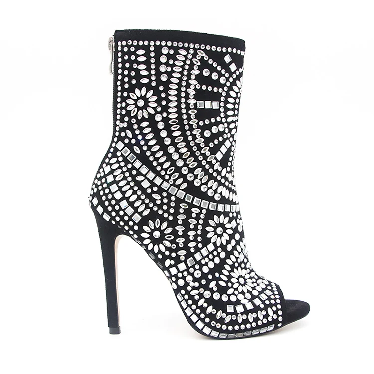 Black patterned diamond-studded ankle boots for ladies Black elegant stylish lady high-heeled ankle boots