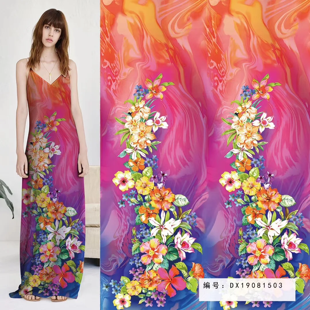 
Colorful floral designs digital printing satin flower fabrics material wholesale 100% polyester fabric 