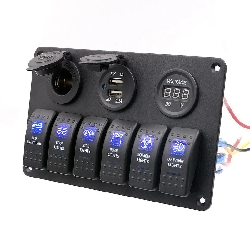 6 Gang Dual USB Waterproof 12V Switches Car Boat LED Rocker Marine Switch Panel