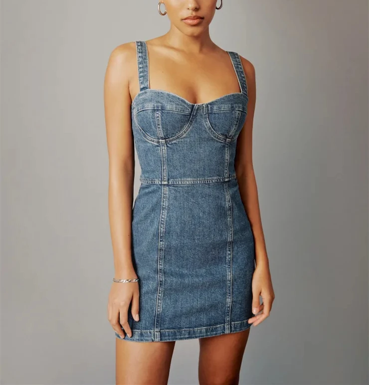 NVFelix Summer Sexy Ladies Suspender Bustier Denim Dress Manufacturer Vintage Washed Skinny Custom Women Straps Jeans Mini Dress