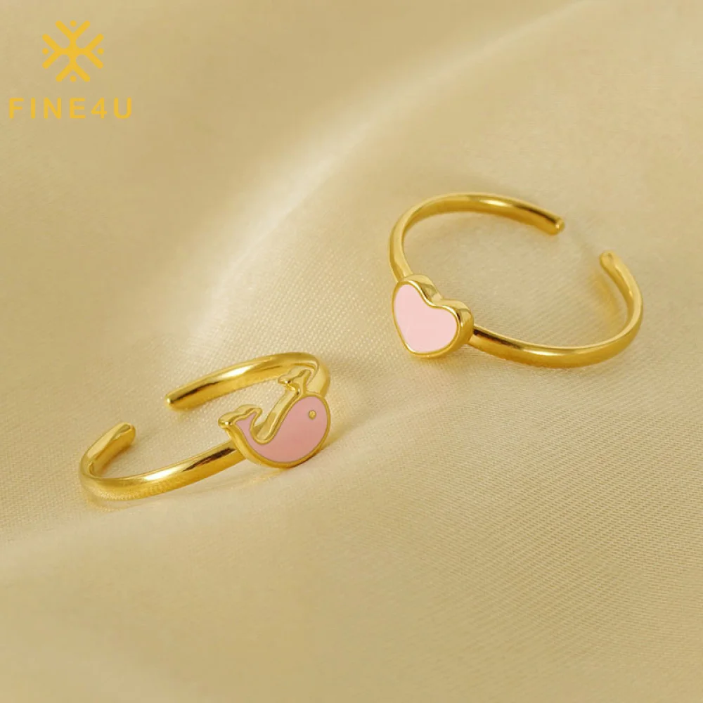 Cute Fashion Jewelry Girls Stainless Steel Gold Plated Dolphin Open Adjustable Pink Enamel Oil Drip Love Heart Rings
