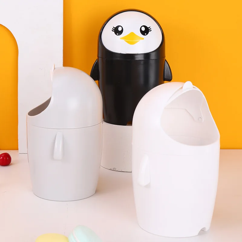 Office Penguin Mini Car Waste Bin Desktop Flip Top Dustbin Countertop Small Portable Plastic Trash Can