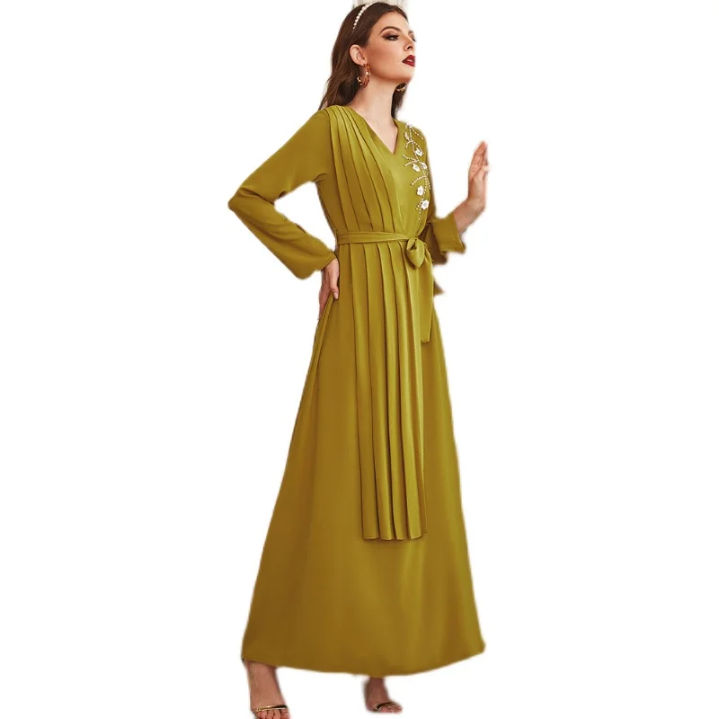 Wholesale High Waist Diamond A-Line Dress Pleated Long Sleeve Boutique Trending Islamic Clothing Women Muslim Dresses