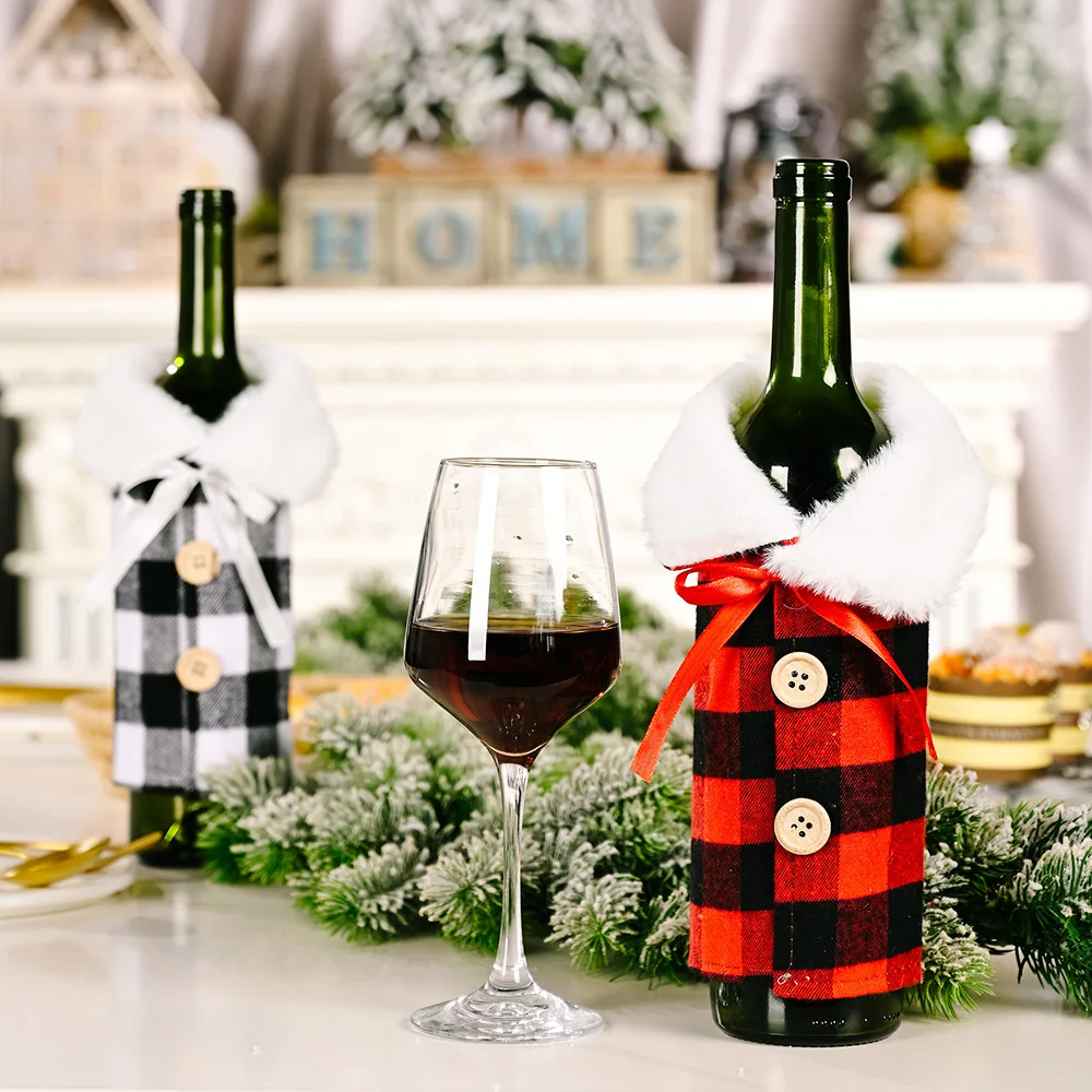 New Christmas Wine Bottle Decoration Lapel Plaid Wine Bottle Sleeve Holiday Party Table Decoration Wine Bottle Sleeve