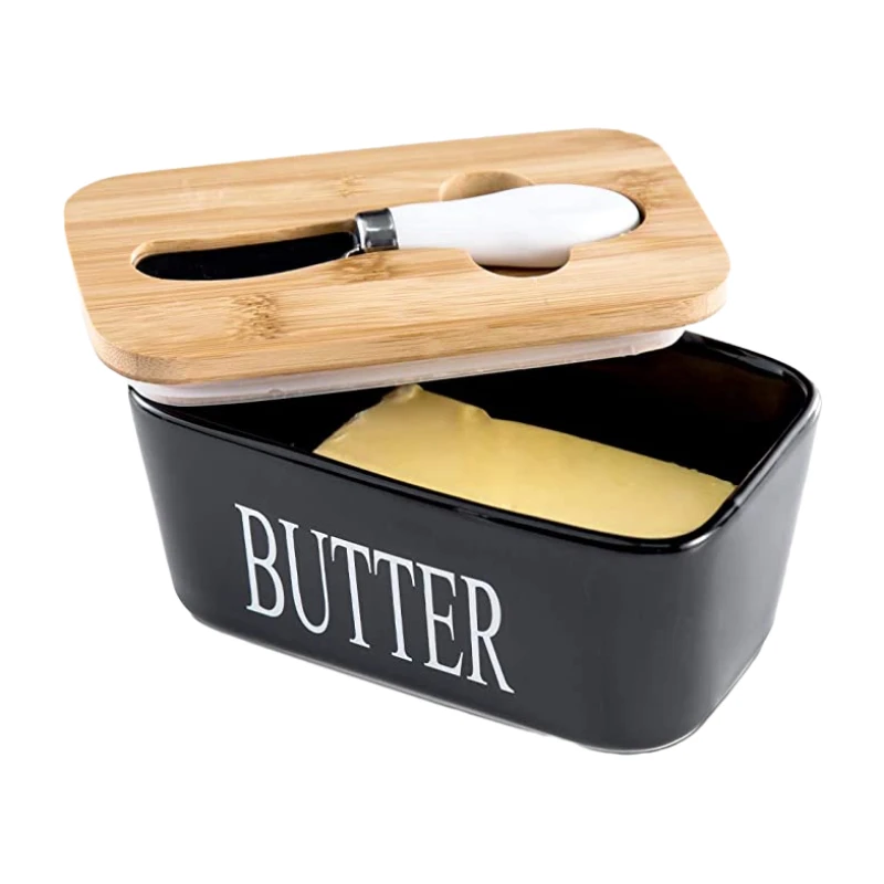 FF722 Ceramic Butter Keeper Container with Airtight Lid Knife Countertop Large Butter Dish