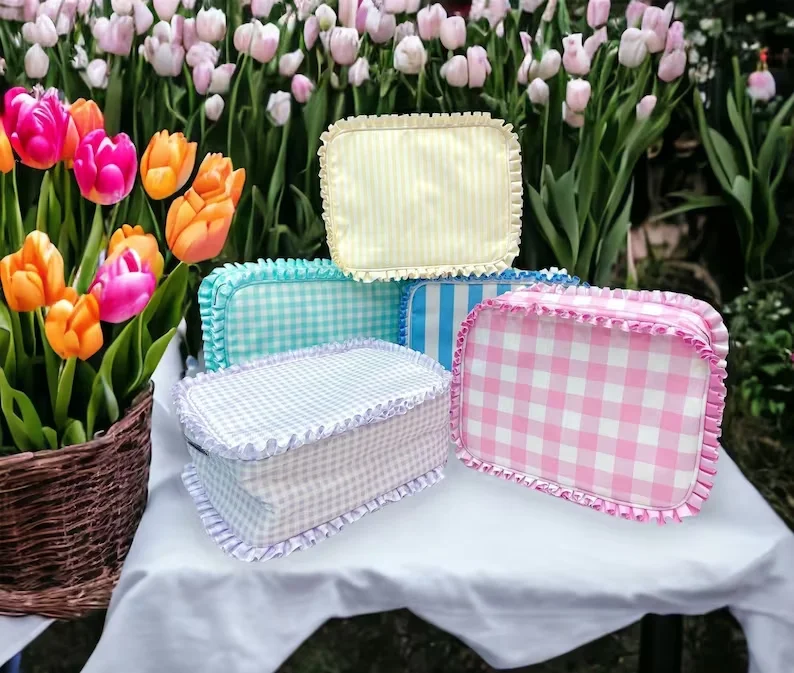 Wholesale Custom Chenille Embroidery Makeup Bag Travel Ruffle Pouch Cosmetic Bag