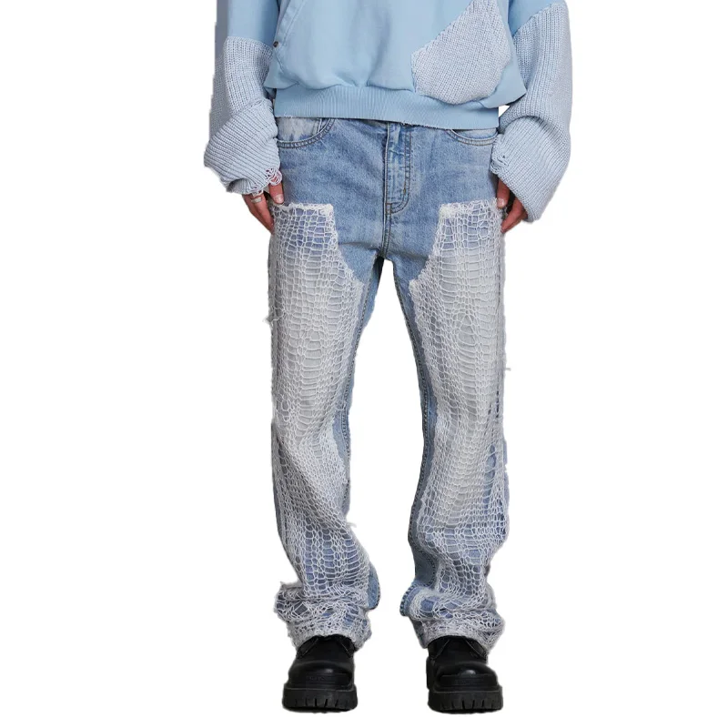 Wholesale fashion casual unisex style mid-rise the heavy wash and slight yellow sandblasting vintage texture jeans