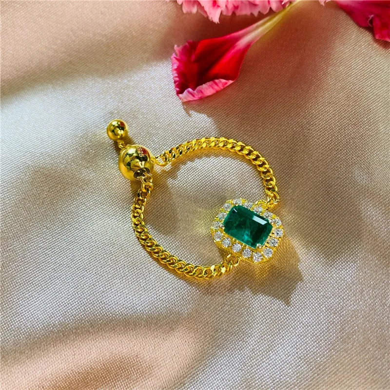 
2021 New Design Sterling Silver Emerald Cuban Link Resizeable Ring 18K Gold Plated 925 Silver Emerald Ring For Women 