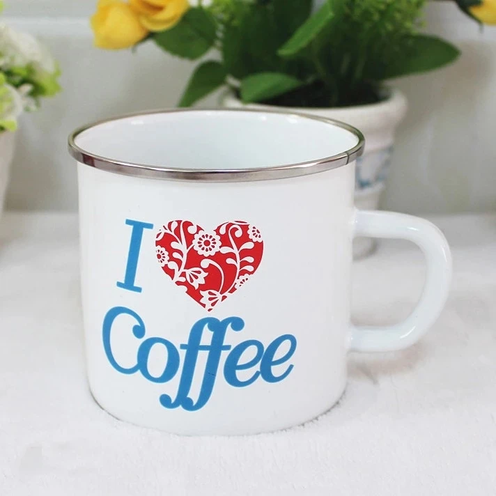 Reusable Rolled Rim Metal Steel Tin Top Grade 10oz Sublimation Custom Design LOGO Metal Enamel Mug Custom Enamel Camp Mug