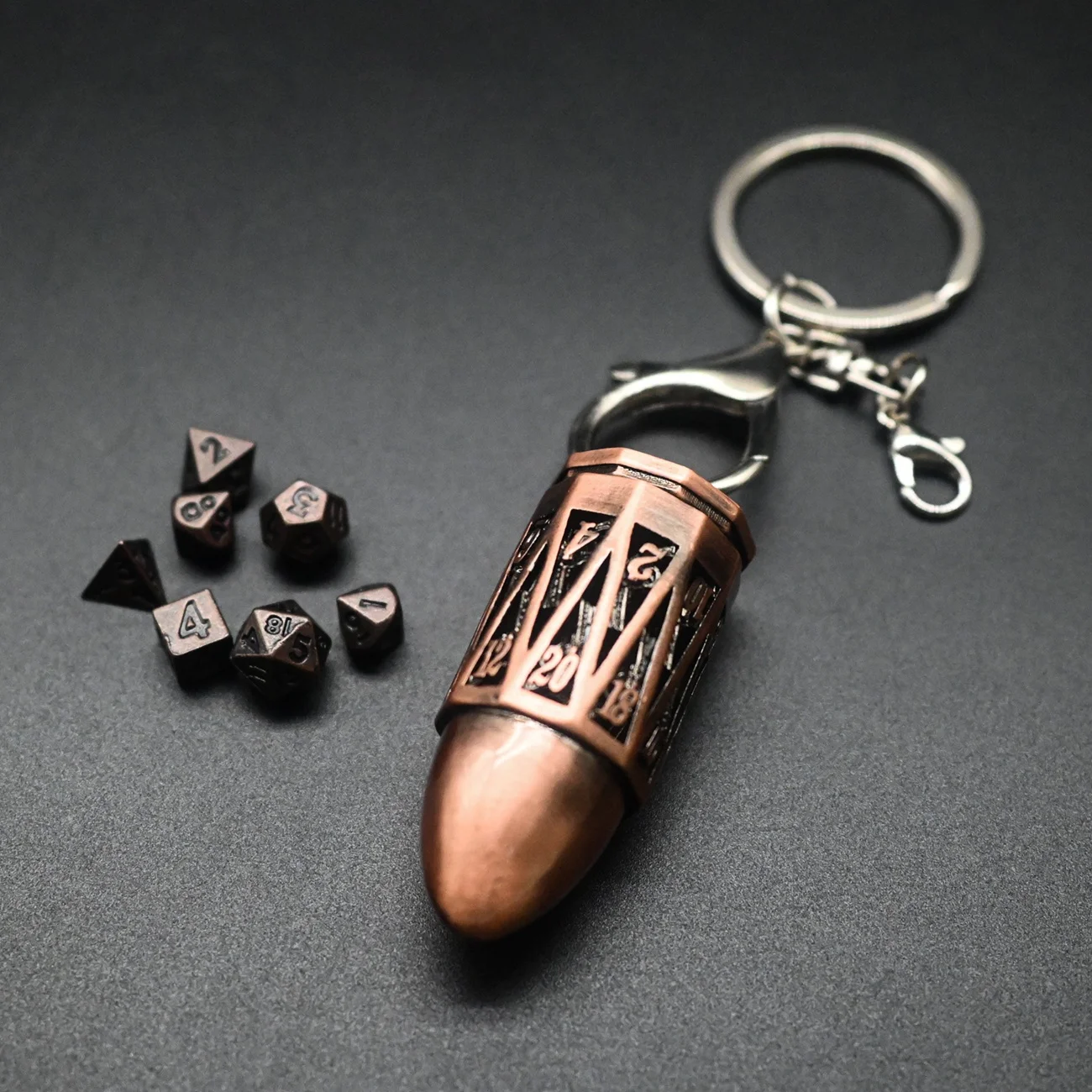 Gun Enthusiast Unique Cool Bullet Shape Metal Keychain Mini Dice Storage Box Gold Dice Keychain for DND Gamer