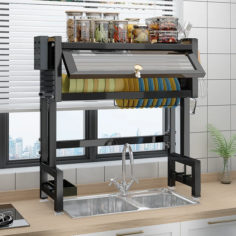 65CM Best Price Combination Use Kitchen Storage Double Layer Household Storage Holder Dish Drying Rack with door Suitable Used