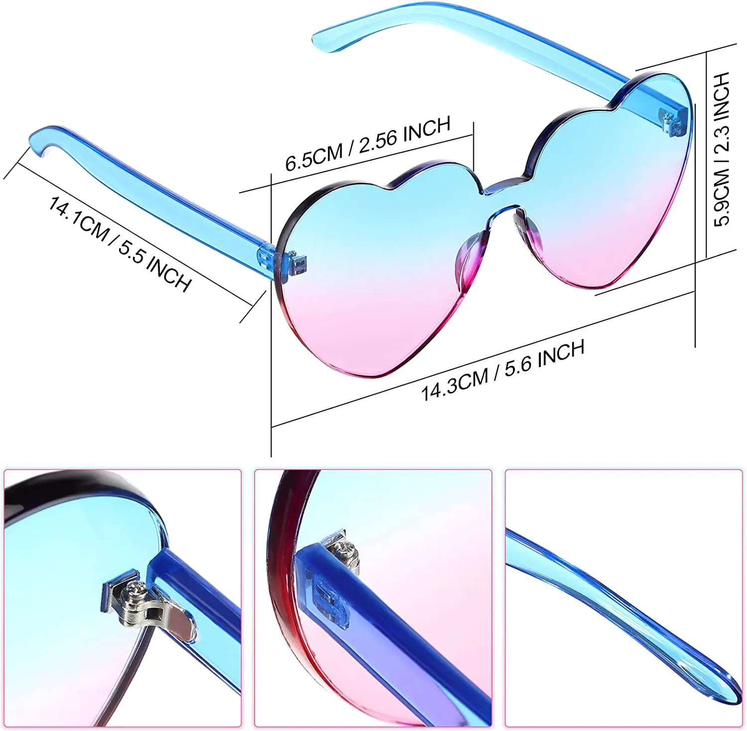 Wholesale Custom Frameless Lens Eyewear Candy Color PC Rimless Sun Glasses New Trendy Loving Heart Shape Sunglasses