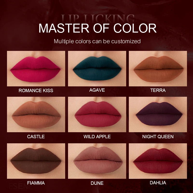 Esene L-LV14 factory customize cosmetic full color gorgeous waterproof high pigment private label makeup velvet matte lipstick