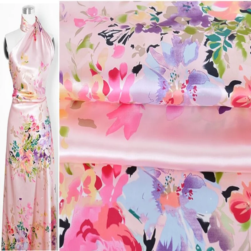 Digital Printed 19mm Elasticity Satin Silk Fabric For Lady Garment