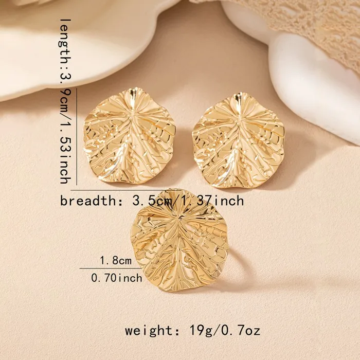 Vintage Lotus Leaf Round Big Earrings ring set For Women new Design Hook Earrings Gold Silver Color Metal Earring Trendy Jewelry