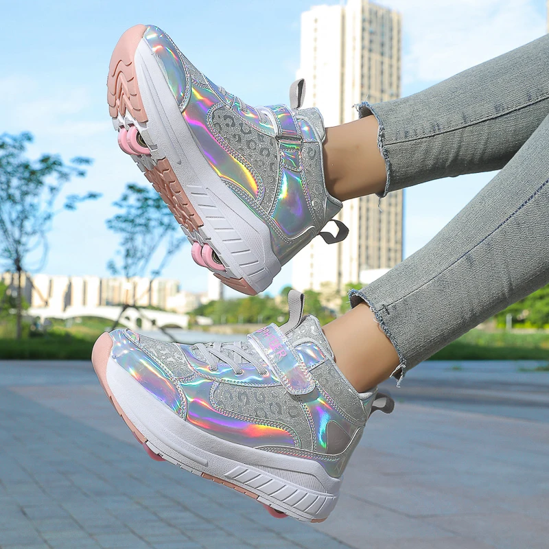 Pu Leather Kids 4 Wheels Roller Skate Shoes Casual Deformation Parkour Sneakers Skates For Rounds Adult Of Running Sport Shoes