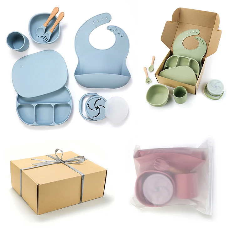Wholesale Bpa Free Kids Feeder Baby Eco Divider Spoon Bowl Plate Silicone Dishes Cup Feeding Set With Box