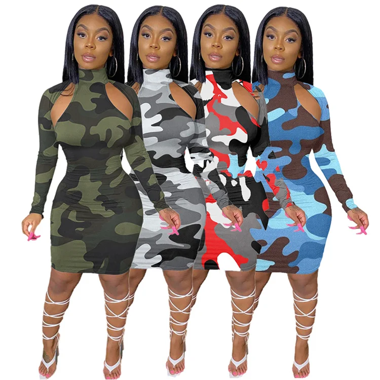 Best Design Long Sleeves Bodyson Camouflage Cool Outfits Woman Casual Short Mini Dress 2021 Women Dresses
