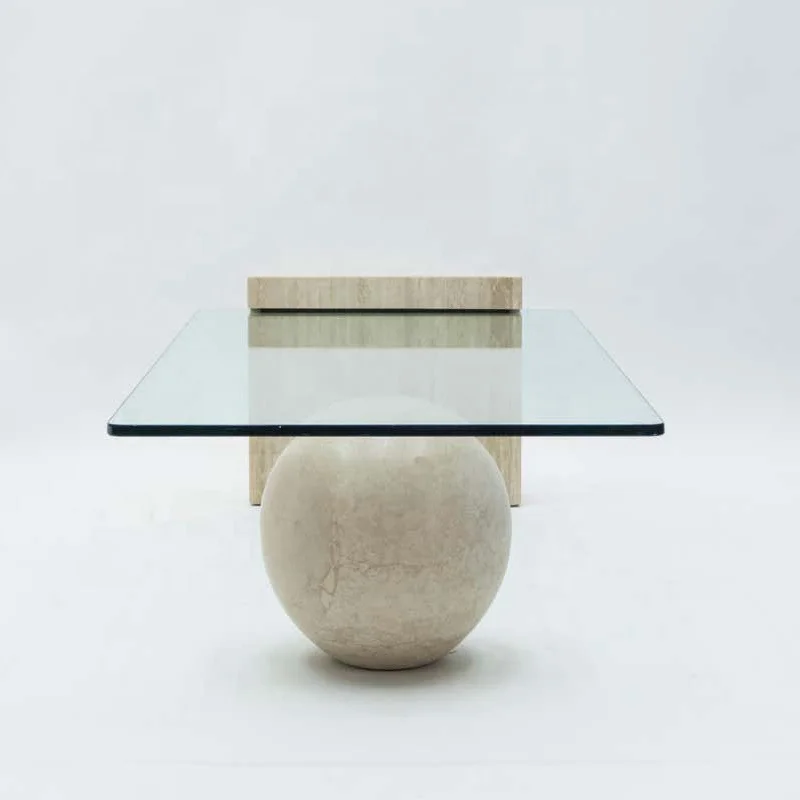 Italian minimalist natural stone tea table designer living room tempered glass small travertine coffee table