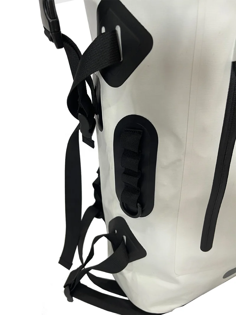roll top closure 30L white waterproof backpack dry bag with front zipper pocket laptop sleeve for travelling camping sports