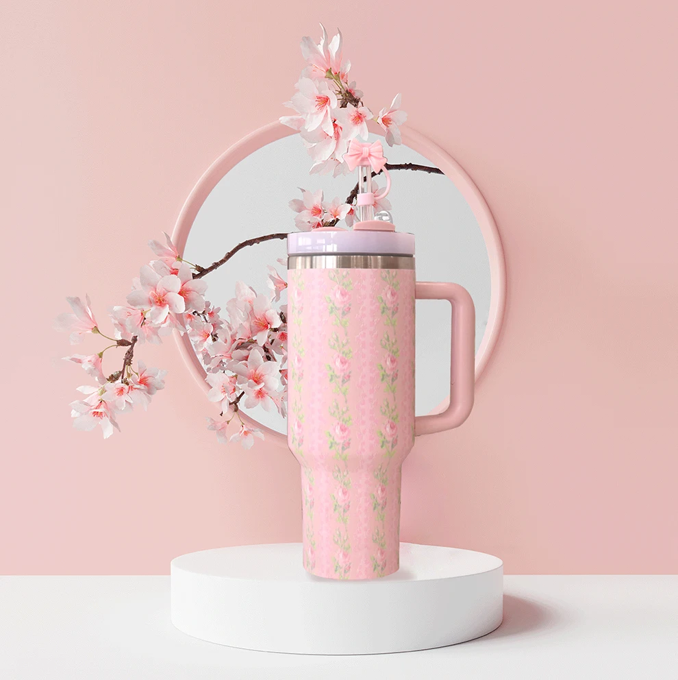 New Custom 40oz Gift Pink Insulated Beer Tumbler Straw Cap Lids Cup Holder Bottle For Hot Cold Drink Coffee Portable Travel Mug