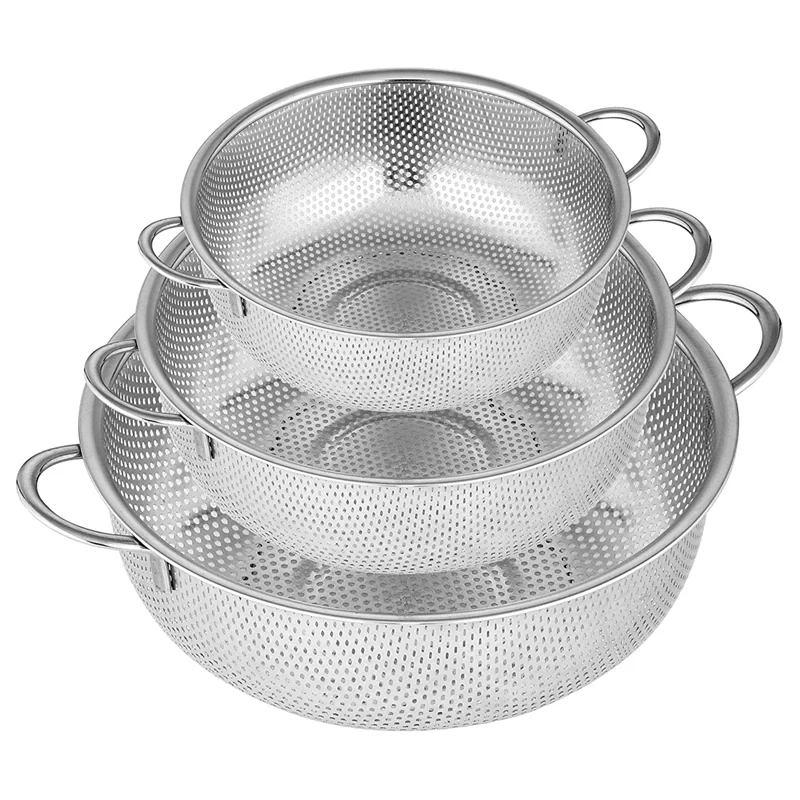 Wholesale Stainless Steel Kitchen Fruit Vegetables Washing Drain Basket Mixing Bowls Set Leach Strainer Colander