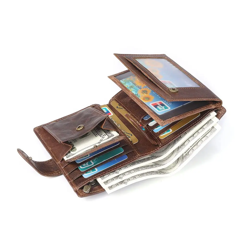 Retro Leather Case Case Mans Bifold Zipper Wallet With Coin Pocket RFID Blocking Custom Crazy Horse Leather Wallet