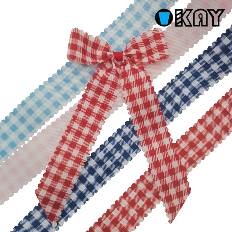 OKAY Customized Character White Grosgrain weave Gingham Check Scalloped Streamer for Hair Bow