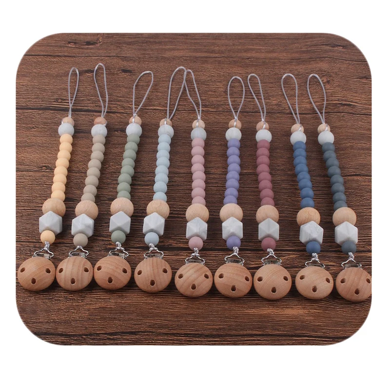 Custom Nursing Gifts Baby Infant Teething Toy Hook Silicon Wooden Pacifier Holder Dummy Clip Chain For Girls Boys