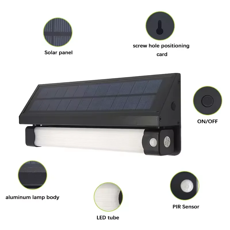 Aluminum Alloy Housing Dual Color 1000 lumens PIR Motion Sensor Solar Led Tube Wall Light