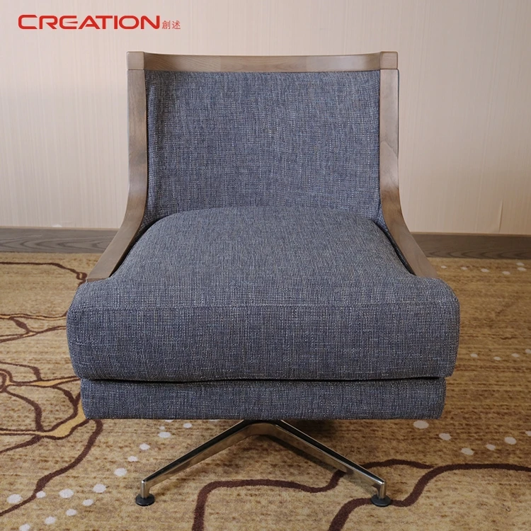 Cheap Hotel Furniture Italy Star Hotel Project Stainless Steel Base Rotating Deep Blue Genuine Leather Sofa Chair For Hotel