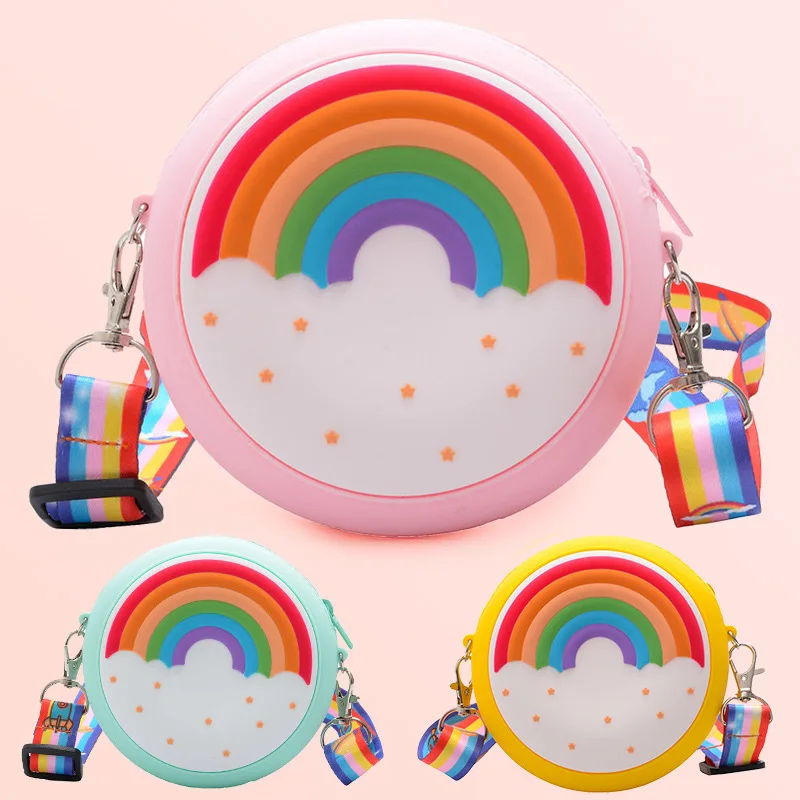 Round Shape Waterproof Cartoon Cute Bag Silicone Mini Rainbow Coin Purse with Shoulder strap