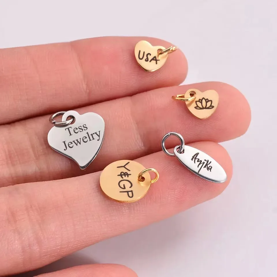 Mirror Polish Custom Designer Logo Engraved Gold Silver Black Pendant Metal Jewelry Tags Charms For Diy Necklace Bracelet
