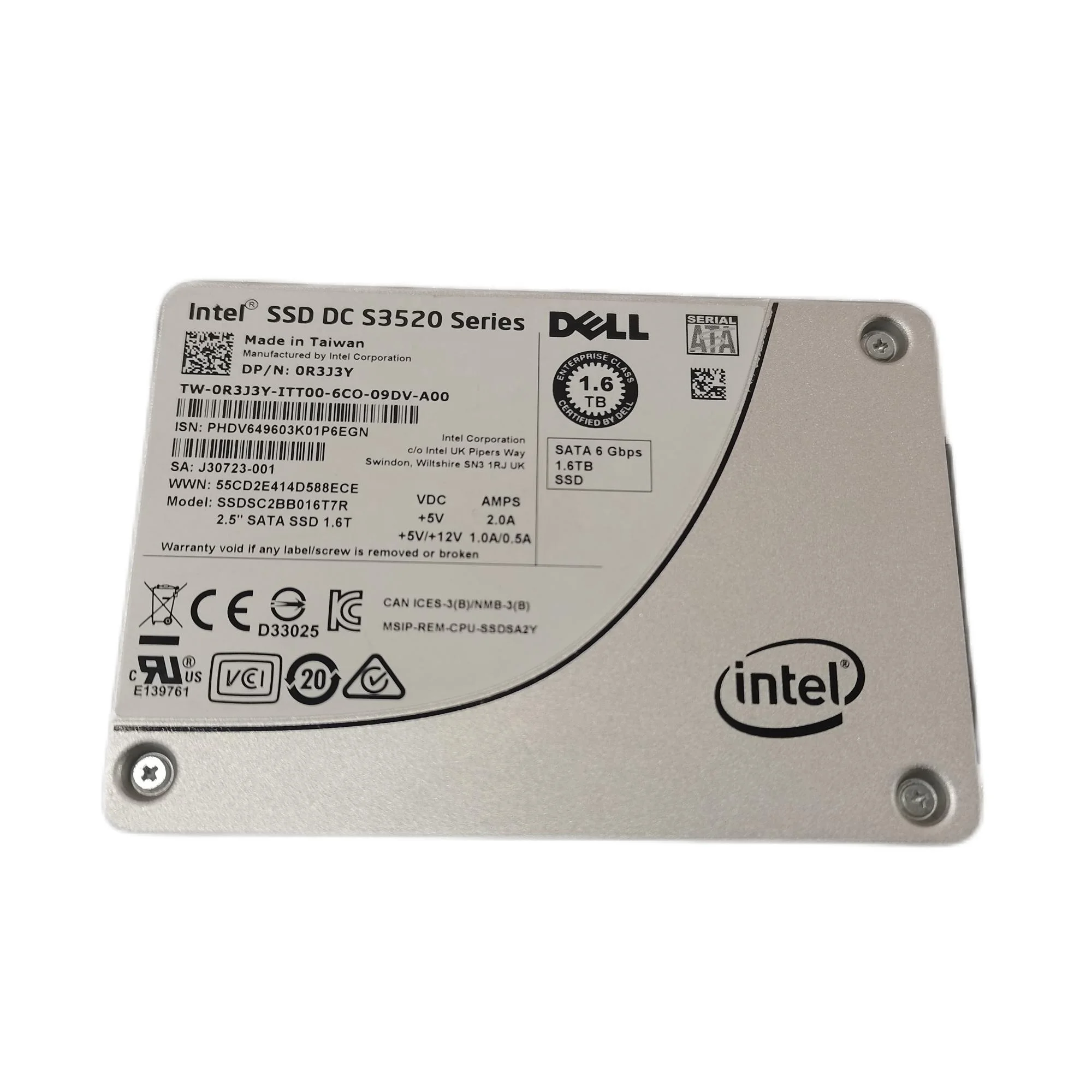 Server Hard Disk 0R3J3Y J30723-001 SSDSC2BB016T7R STAT 6Gbps 1.6TB 2.5' for R730 R920 R630 R750 server DC S3520 Series
