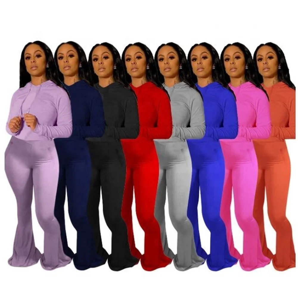 
New Arrival Women Clothing Two Piece Set Outfits 2 Piece Women Biker Short Bell Bottom Pant Flare Wide Leg 