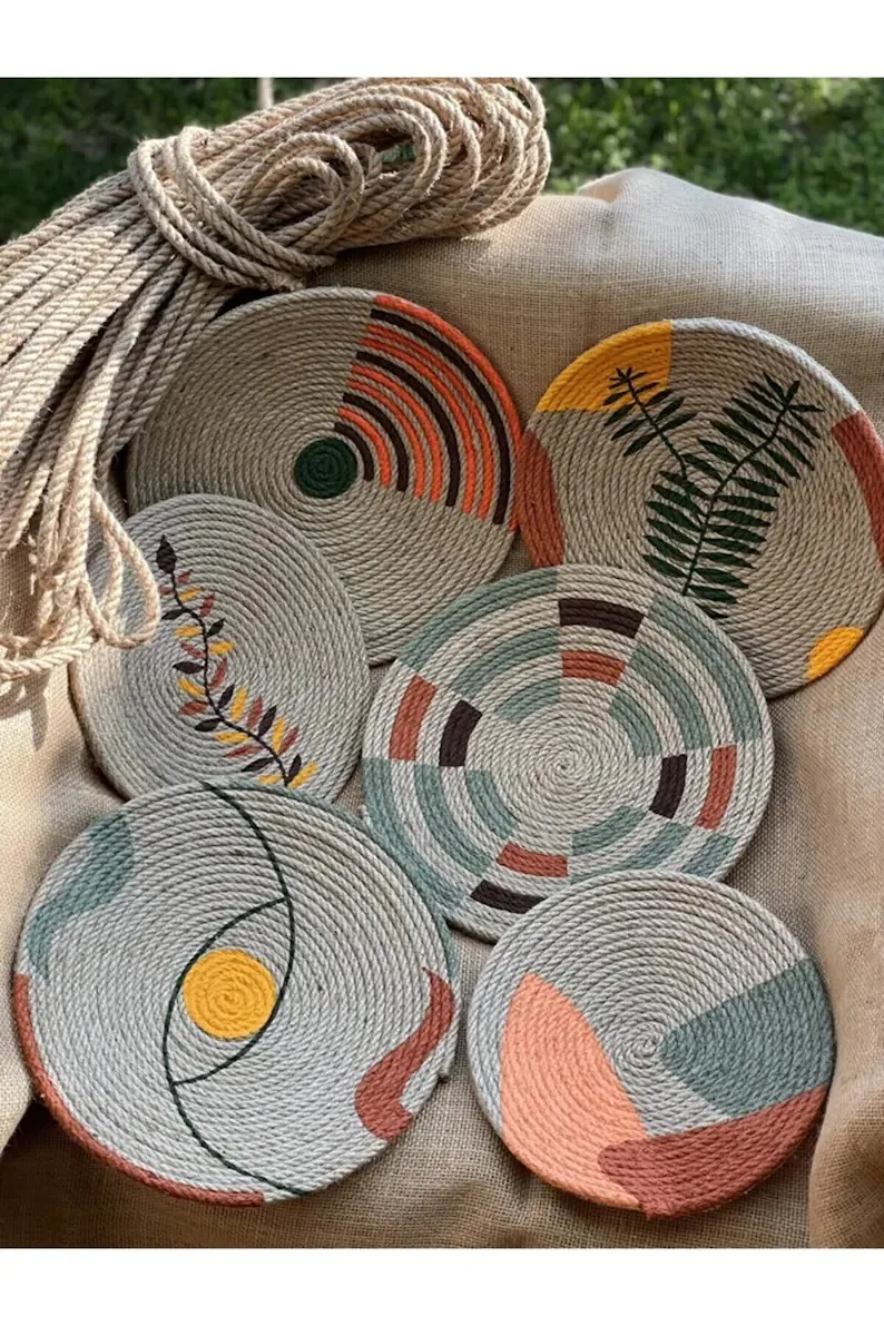 Boho Handwoven Jute Wall Baskets Hanging Decorative Tray Home Pendant Decor Basket Placemat Colorful  Wall Art Set of 6