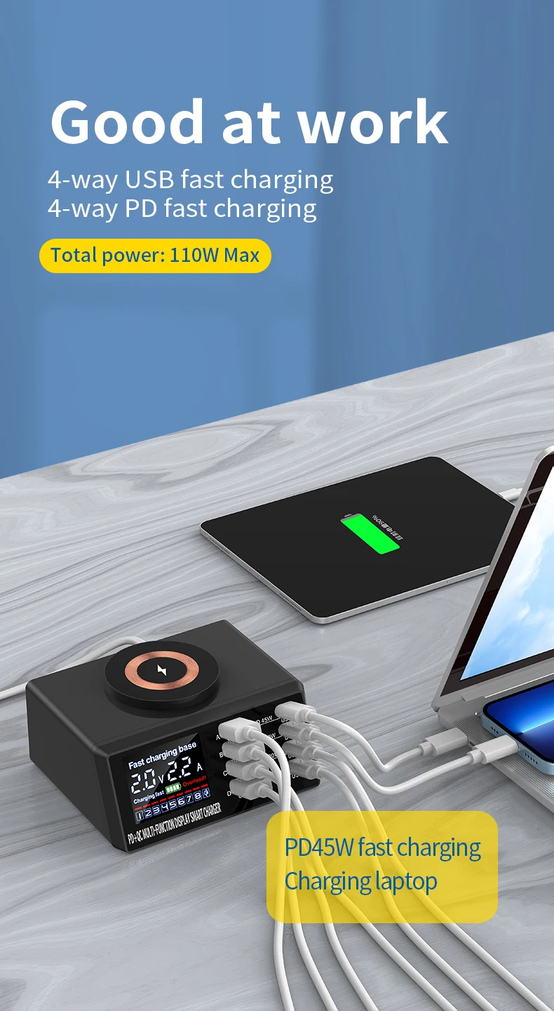 New model  8 Port charge laptop with magnetic wireless  QC3.0 Multi Ports fast charger USB Charging Station