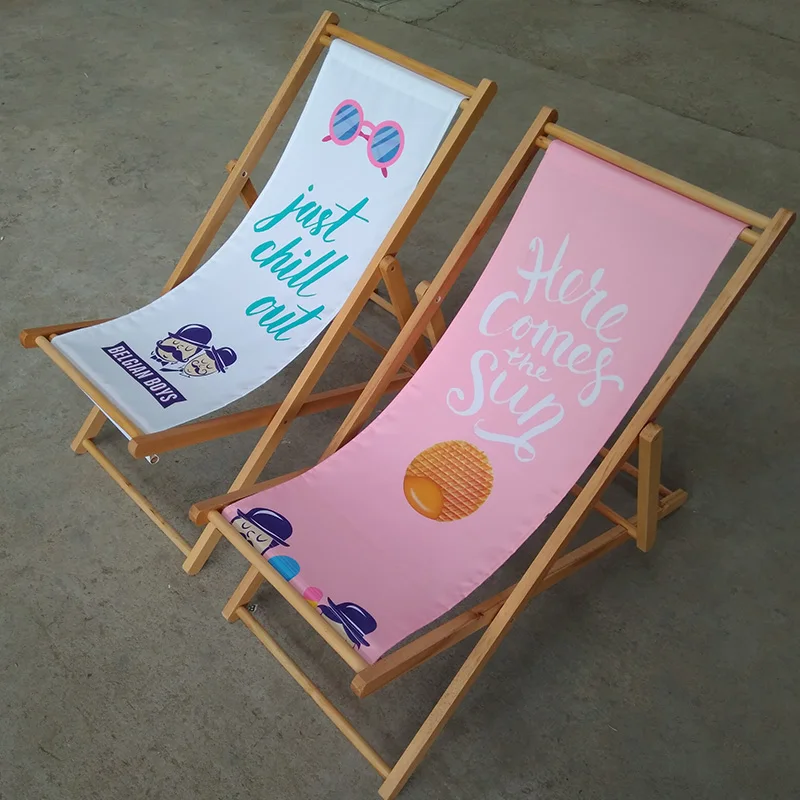 custom logo print branded vintage adjustable foldable beach garden pool reclining outdoor canvas wooden folding deck chair