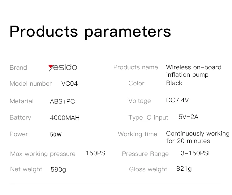 Yesido precise air replenishment Portable storage wireless Extra Long endurance Car mounted inflation pump