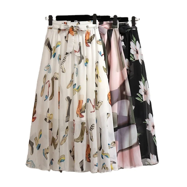 Y308034 Chiffon Floral Skirt Spring Summer New Print Bohemian Long Skirt Elegant High Waist Beach Skirt Womens Clothes