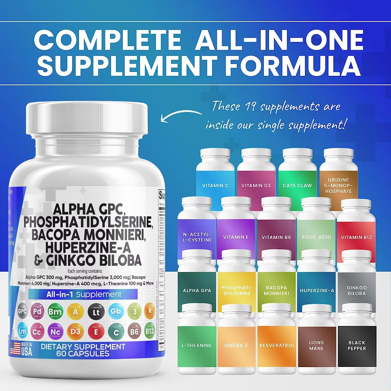 Alpha GPC Choline Capsules Phosphatidylserine Bacopa Monnieri Ginkgo Biloba Phosphatidylserine Enhanced Brain Function Adults