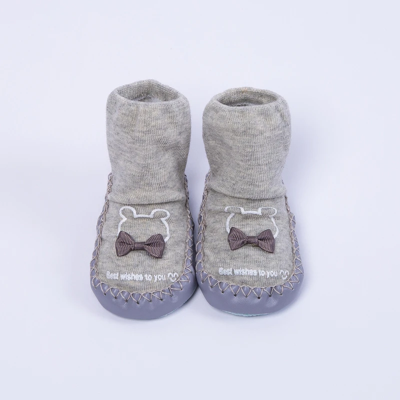 Factory Supply Warm Knit Slipper Baby Socks With Leather Sole Kids Children Shoes Non Slip
