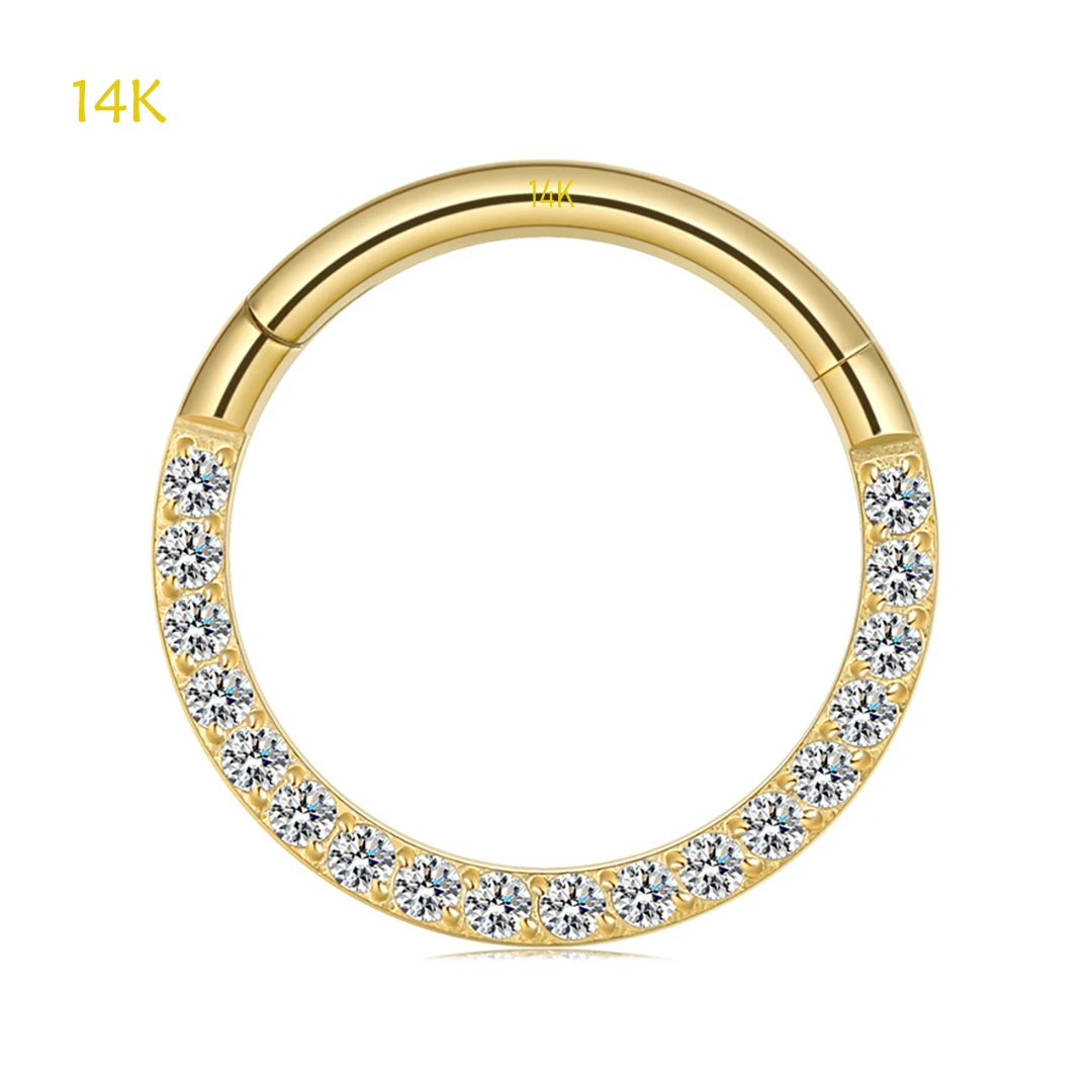 Таможня 14k твердого желтого золота в стиле «хип-хоп» сегментное кликер с твердым покрытием Bling CZ Ювелирные изделия для пирсинга перегородки носа Daith пирсинг