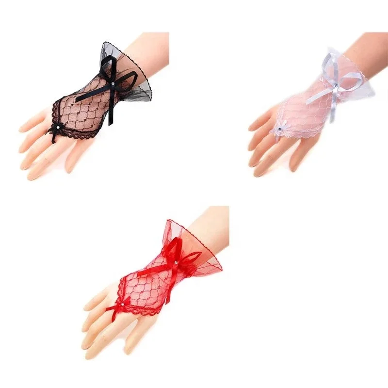  Women Bridal Wedding Short Fingerless Gloves Rhinestone Bowknot Sheer Mesh Lace Gauze Bridesmaids Sunscreen Hook Finger Mittens