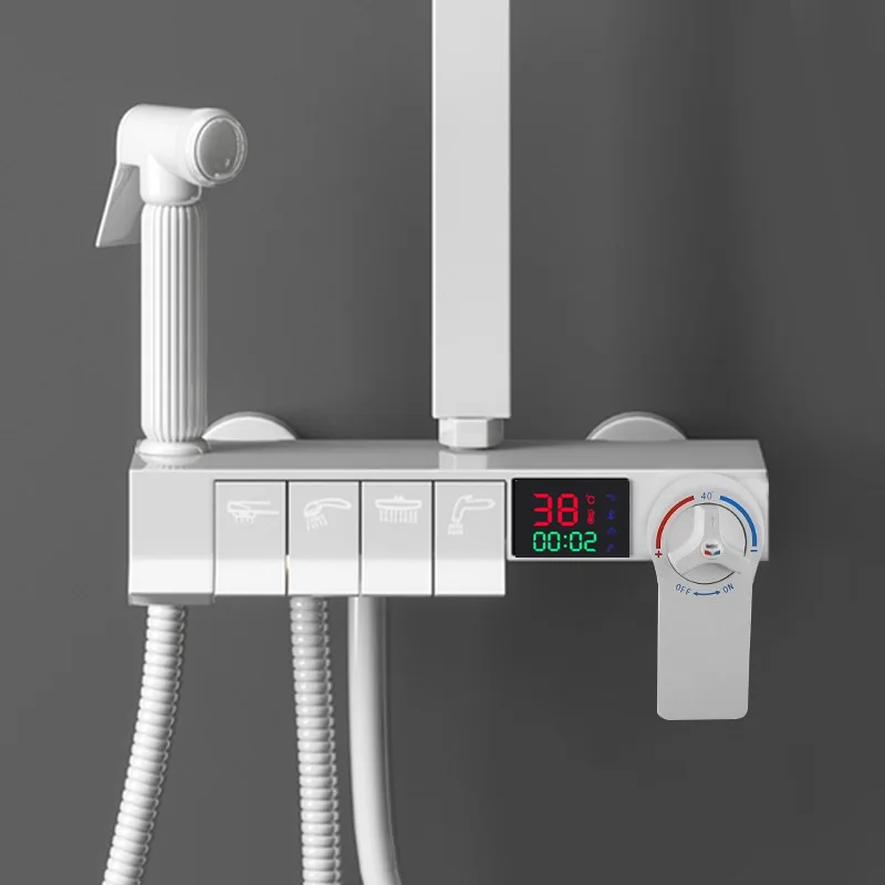 Luxury white rain shower bathroom brass 4 function thermostatic shower set system dusche piano shower mixer