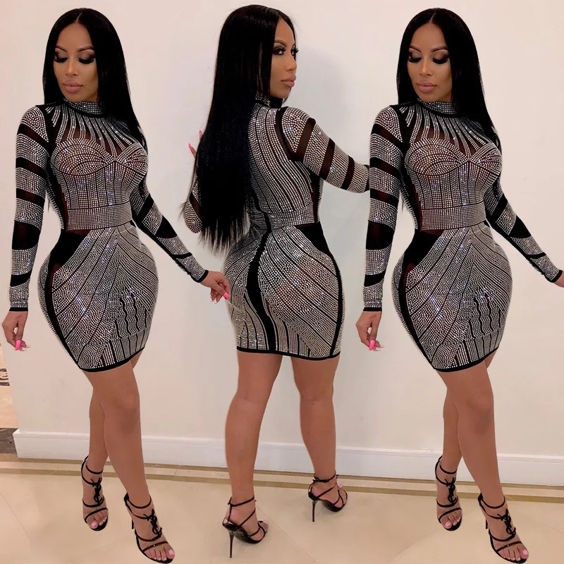 2021 Hot Selling  Mesh Dress Sexy Transparent Wholesale Fashion Rhinestone Ladies Clothes Sexy Club Mini Dresses For Women