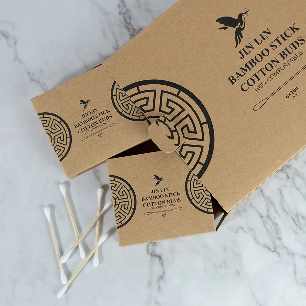 Eco-Friendly Recyclable Biodegradable 100Pcs Bamboo Sticks Cotton Swabs With Kraft Paper Box