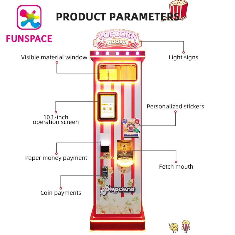 New  Design Popcorn Vending Machine Fully Automated Commercial Product Custom Coin Operated bill credit card Flavoured Pop Corn
