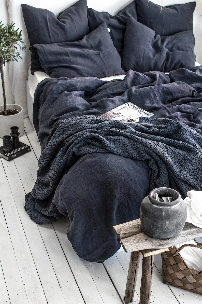 Graphite Blue Linen Bedding Set Duvet Cover & 2 Pillowcases King Queen Full Double Twin Single Anthracite Gray Blue Washed Soft