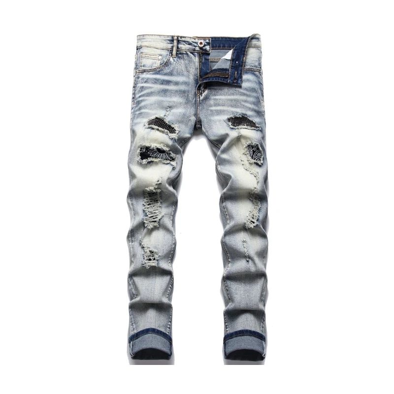 2022 new trend washing and grinding white ripped trousers patch mid-waist straight jeans for man